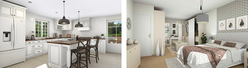 Kitchen and master bedroom rnderings designed with Cedreo interior renderings made with cedre