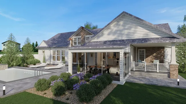 3D render of a Ranch house with screen room designed with Cedreo