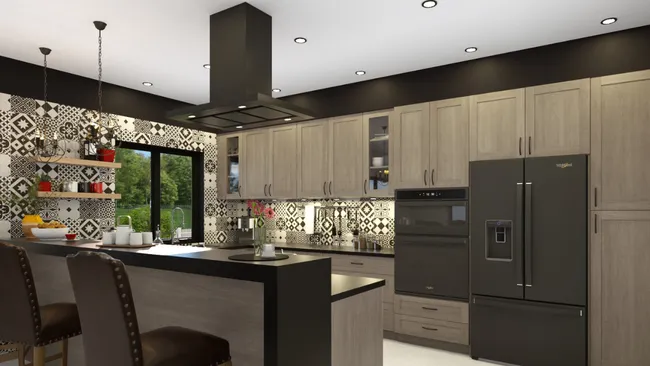 3D render of a kitchen with backlite backsplashes by