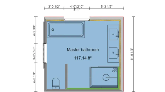 Bathroom 2D floor plan with symbols and blue background created with Cedreo