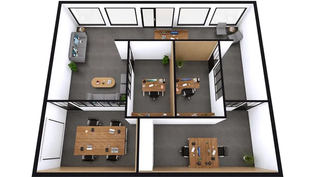 3D floor plan of a commercial space designed with Cedreo