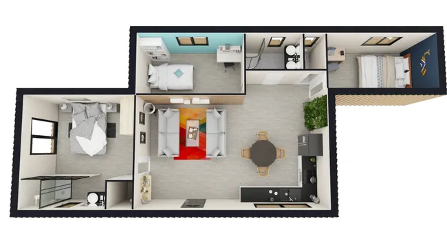 3D floor plan of side by side containers with open living area designed with Cedreo