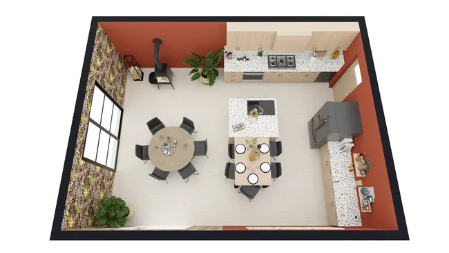 3D floor plan of a kitchen plus dining created with Cedreo