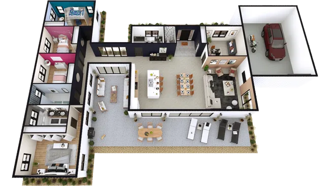 3D floor plan of a One-story ranch house by Cedreo
