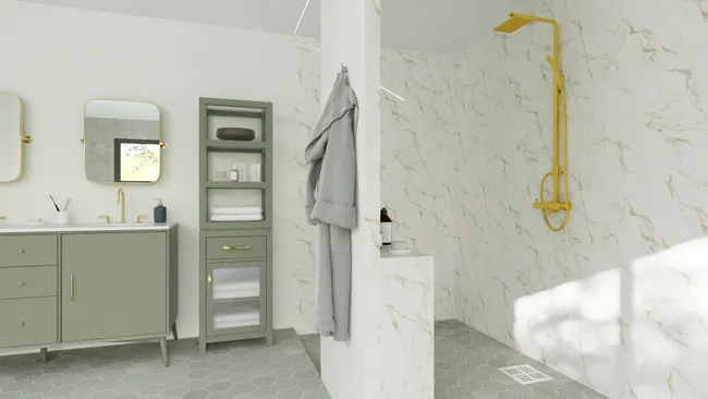 3D render of walk-In wet bathroom with Full-Slab Walls by Cedreo