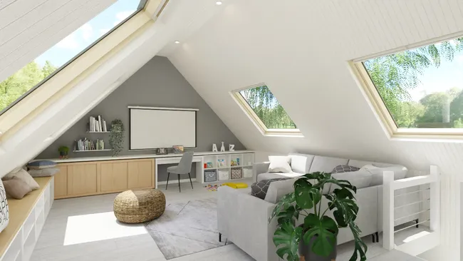 3D render of a livingroom in attics designed with Cedreo
