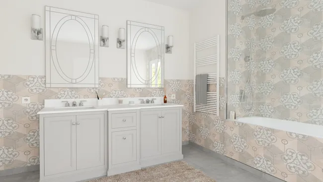 3D render of a farmhouse bathroom with neutral palette by Cedreo