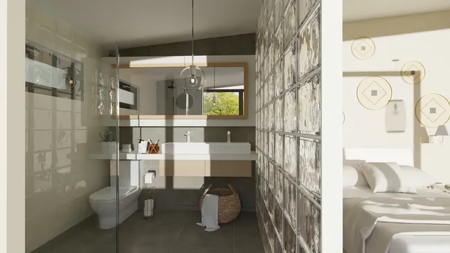 3D render of a small bathroom with glass wall by Cedreo