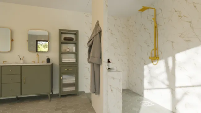 3D rendering of a bathroom with walk-in shower designed with Cedreo