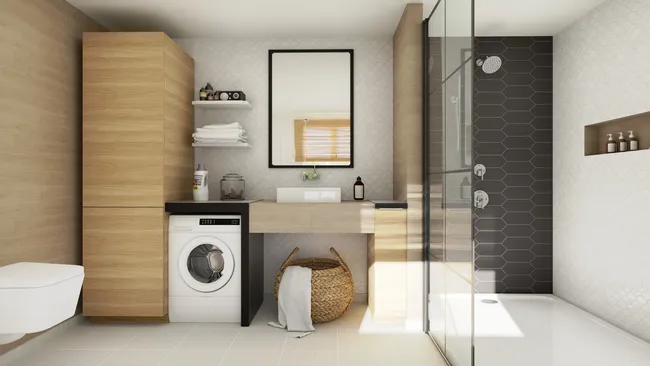 3D render of a bathroom/laundry combo with clever storage by Cedreo