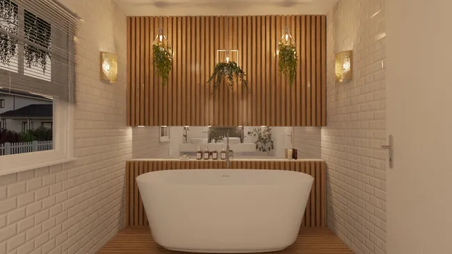 3D render of a bathroom at night with layered lighting by Cedreo