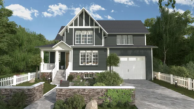 Exterior 3D rendering of a craftsman house designed with Cedreo