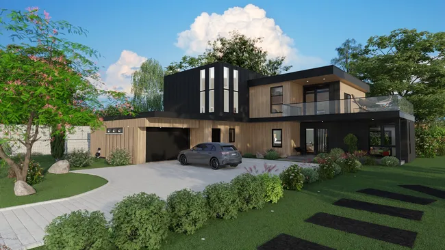 3D render of a modern house with addition by Cedreo