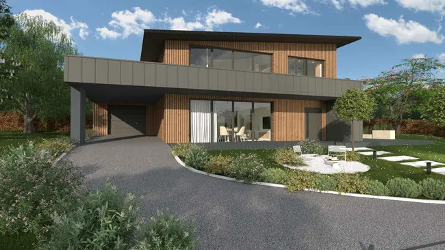 3D render of a modern wooden house designed with Cedreo
