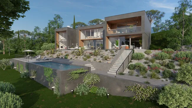 3D render of a modern house on sloped terrain with pool created with Cedreo