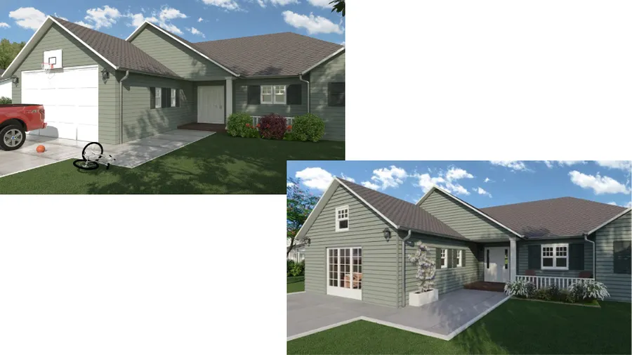 before / after 3D render of a garage conversion Ranch house by Cedreo
