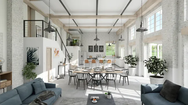 3D render of an open living space designed with Cedreo