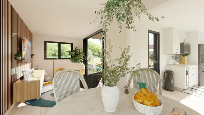 3D render of an open living space in a container house by Cedreo