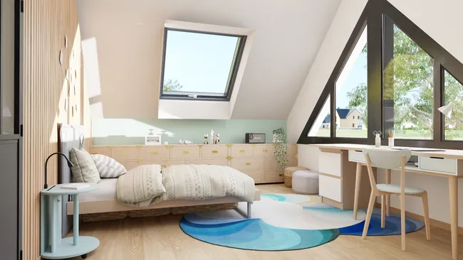 3D render of a teenager bedroom in attics designed with Cedreo