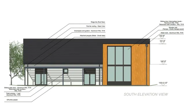 Elevation view with annotation of a small house with extension made with Cedreo