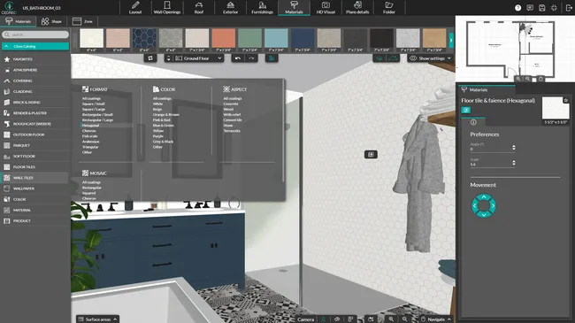 cedreo software screenshot: materials library for bathroom