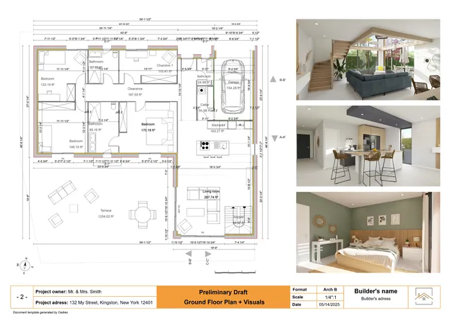 2d floor plan and interior 3d renderings integrated on a presentation document created with Cedreo