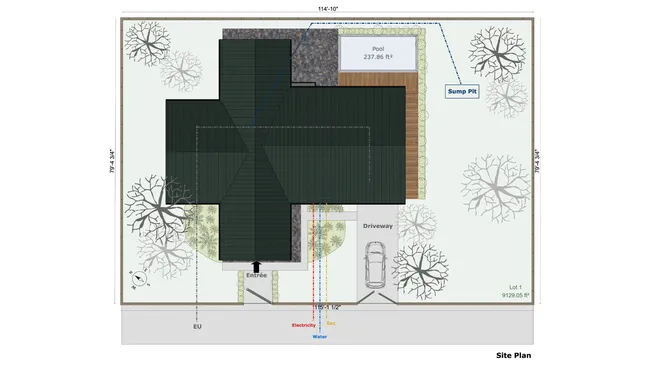 Site plan with symbols and annotations of a Ranch house designed with Cedreo