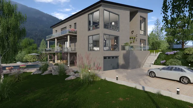 Renderización en 3D de una casa moderna con fachada pesada por Cedreo.