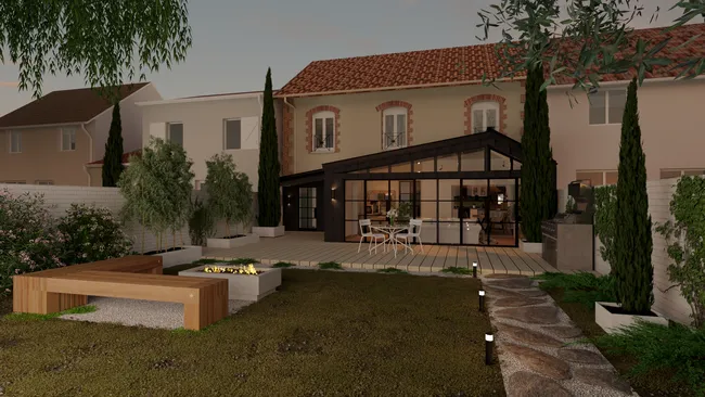 Renderización en 3D de una casa con porche realizada con Cedreo