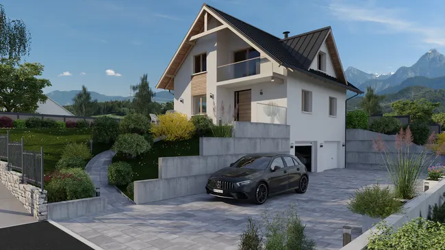 Renderización en 3D de una casa con terreno inclinado realizada con Cedreo
