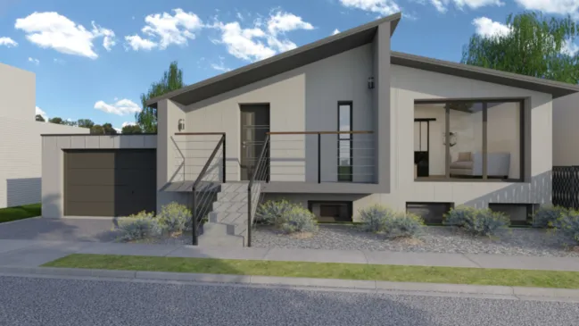 Renderización en 3D de una casa moderna con fachada de corcho proyectada por Cedreo.