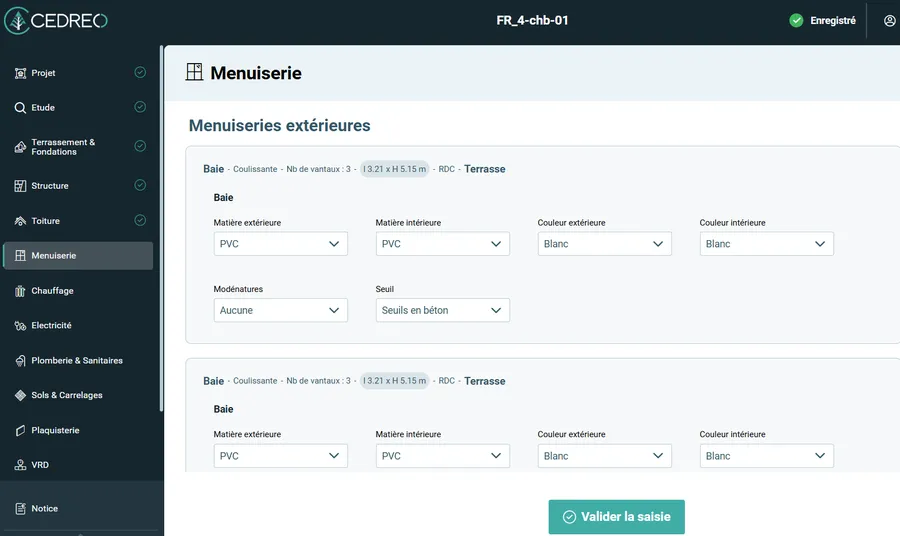 interface option chiffrage Cedreo renseignements complémentaires