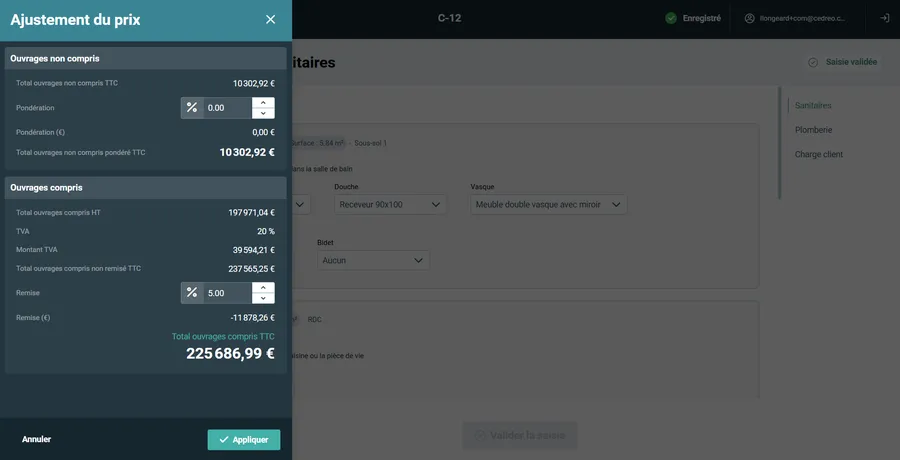 Capture d'écran d'ajustement du prix de vente par l'Option Chiffrage Cedreo