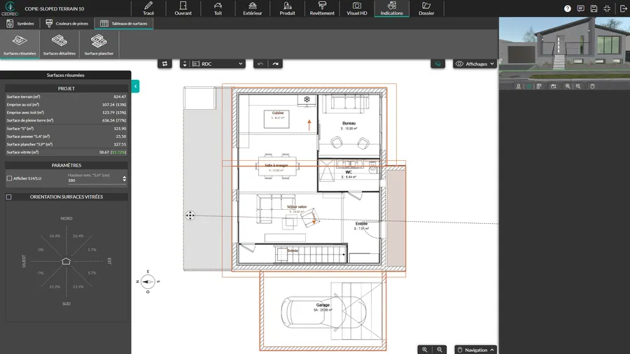 interface logiciel cedreo avec calcul des surfaces automatiques