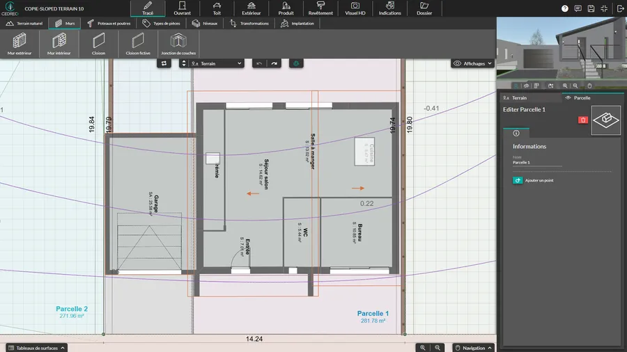 interface logiciel cedreo avec modélisation du terrain