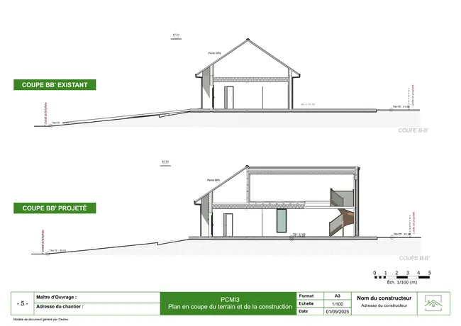 Exemple de la page plan de coupe d'un permis de construire pour une extension réalisé avec Cedreo