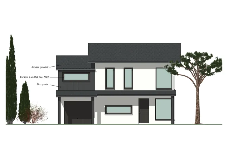 plan de façade projetée avec extension au dessus du garage réalisé avec Cedreo