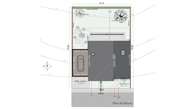 Plan de masse d'un maison sur terrain en pente réalisé avec Cedreo
