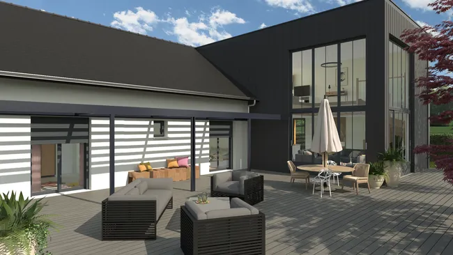 rendu 3D d'une maison traditionnelle avec extension en zinc par Cedreo
