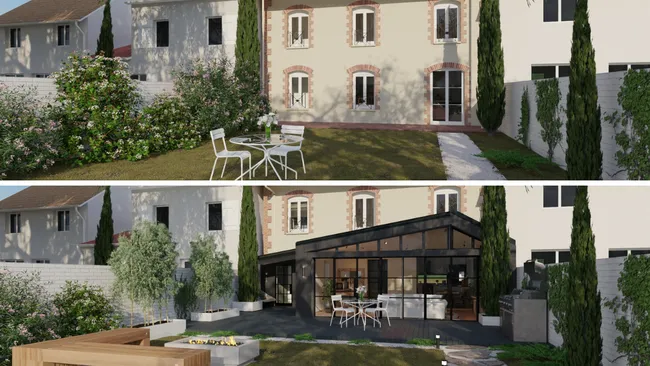 Rendus 3D comparatif avant-après pour une extension véranda par Cedreo