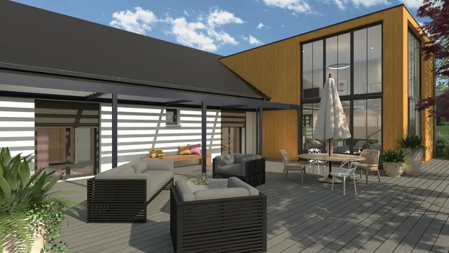 Rendu 3D de la facade arrière d'une maison avec extension bois créé avec Cedreo