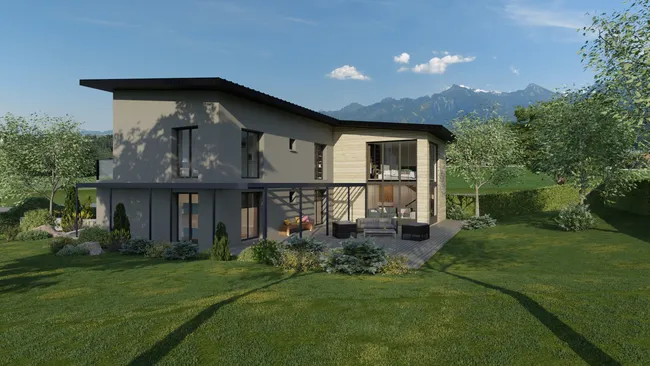 Rendu 3D de la façade avant d'une maison contemporaine avec un jardin réalisé avec Cedreo