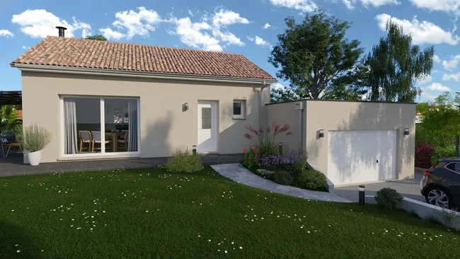 Rendu 3D d'une maison avec garage décalé réalisé avec Cedreo