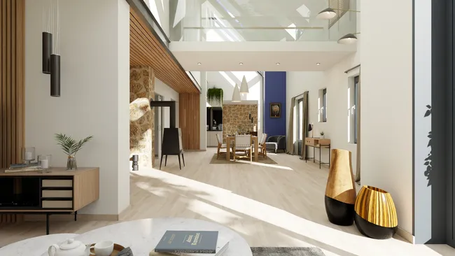 Rendu 3D d'une pièce de vie rénové réalisé avec Cedreo