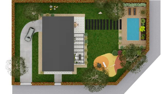 Plan 3D en vue aérienne de l'aménagement d'un terrain réalisé avec Cedreo