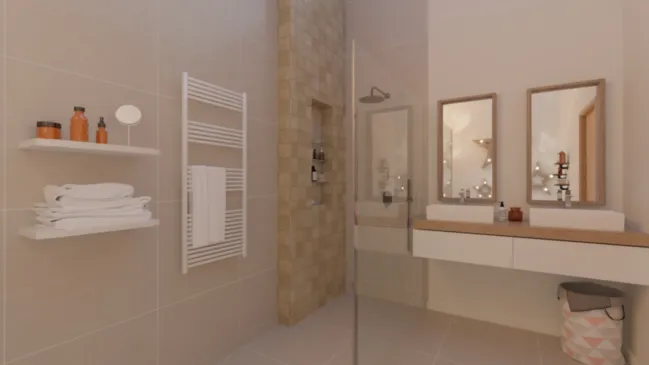 3D render of a beige tones bathroom designed with Cedreo