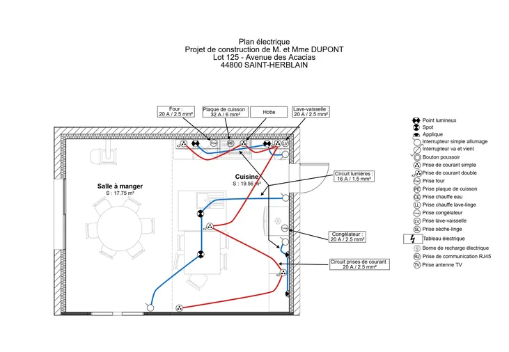 Plan électrique d'une cuisine avec annotations réalisé avec Cedreo
