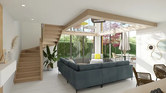 3D rendering of a living room overlooking the garden by Cedreo