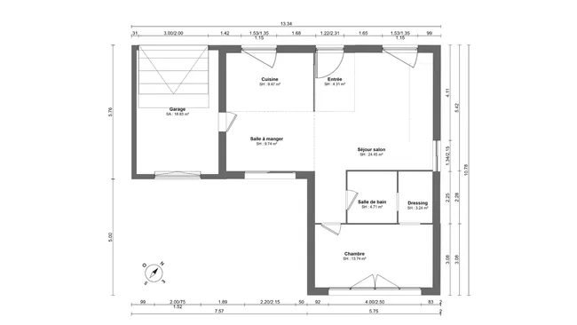 Plan 2D simple avec surfaces et noms des pièces réalisé avec Cedreo