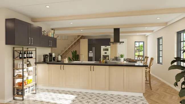 3D render of a kitchen with mixed metals finishes by Cedreo